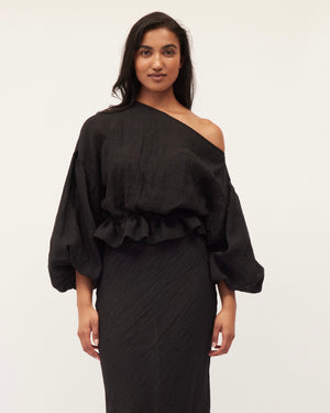
            
                Load image into Gallery viewer, ANNA FRILL BLOUSE | BLACK LINEN
            
        