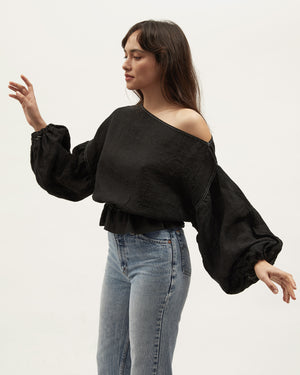 ANNA FRILL BLOUSE | BLACK CONTRAST STITCH LINEN