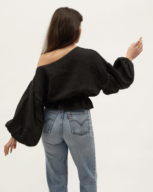 ANNA FRILL BLOUSE | BLACK CONTRAST STITCH LINEN