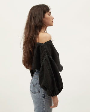 ANNA FRILL BLOUSE | BLACK CONTRAST STITCH LINEN