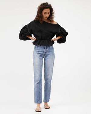 ANNA FRILL BLOUSE | BLACK CONTRAST STITCH LINEN