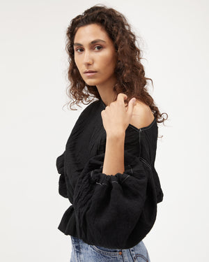 ANNA FRILL BLOUSE | BLACK CONTRAST STITCH LINEN