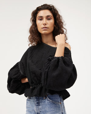 ANNA FRILL BLOUSE | BLACK CONTRAST STITCH LINEN